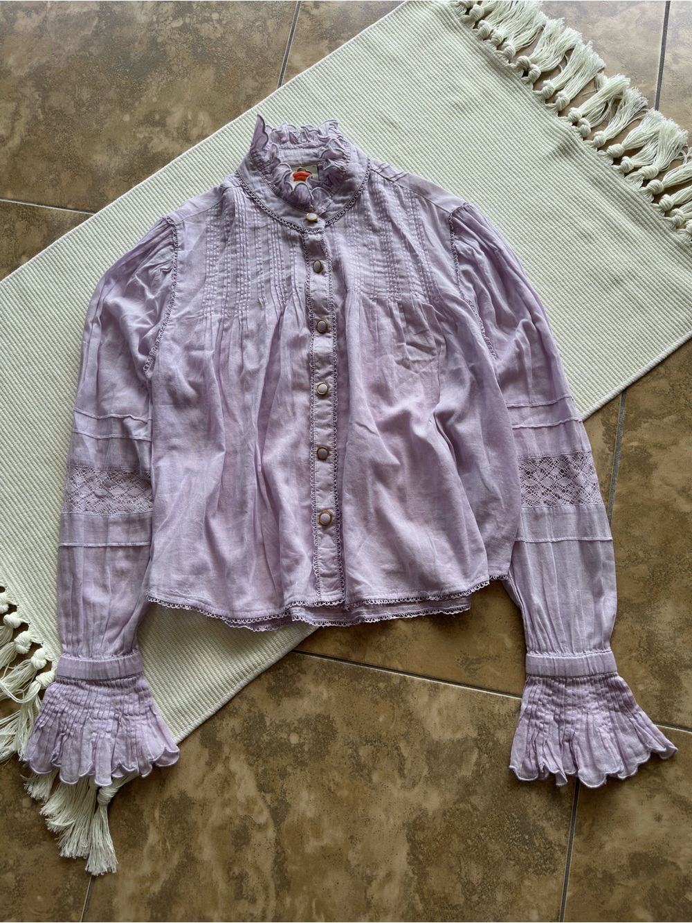 FARM Rio Purple Victorian Pintuck Lace Ruffle High Neck Blouse